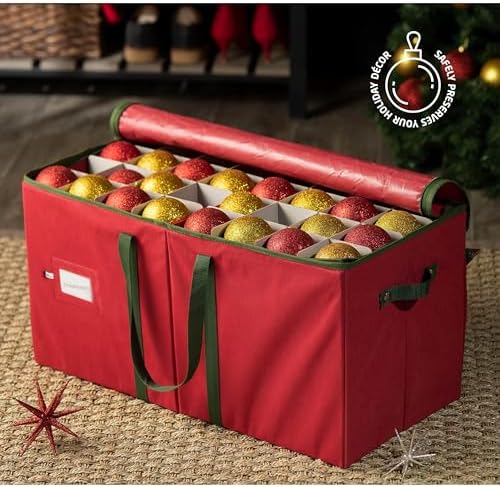 Christmas Ornament Storage Box 128 Capacity - Durable Tear-Proof Fabric Organizer with Adjustable Dividers & Dual Zipper for 3 Inch Christmas Ornament Storage, Red Large Ornament Storage Box - Image 2