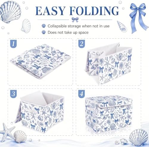 Briwooody Beach Storage Bin with Lid and Carrying Handle Coastal Blue Bow Seashell Foldable Storage Box Summer Bachelorette Party Decorative Collapsible Container Basket for Closet Home Bedroom Gift - Image 2