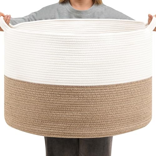 Foldable Laundry Hamper Basket with Collapsible Handle Cotton Rope Soft Woven Fabric Storage Organizer Clothes Toys Nursery Bedroom Dorm Space Saving Bin (White & Brown, 115L(23.6"D x 15.7"H)) by BEVOVBE