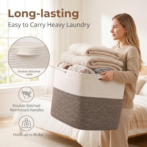 OIASKET 108L Cotton Rope Storage Basket for Living Room and Bedroom 25"x16"x16" Woven Laundry Basket, Heavy Duty Bin for Blankets, Pillows & Toys, Pet-Safe & Scratch-Free, Dark Brown and White - Image 3