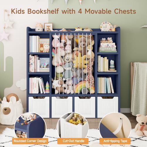 ONBRILL 3-in-1 Toy & Stuffed Animal Storage, 4 Movable Toy Chest, Blue - Image 4