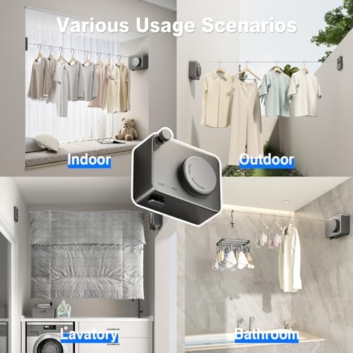 MUSTORN Retractable Clothesline Indoor, Non-Sagging Outdoor Clothes Line Retracting Heavy Duty Clothes Drying Laundry Line Wall Mounted Stainless Steel Line-13.8 Feets(Gray) - Image 5