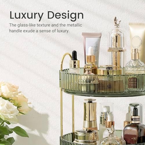 Aveniee Rotating Makeup Organizer for Vanity, Perfume Skin Care Organizers Large, Bathroom Counter Make Up Cosmetic Storage, Clear Spinning Skincare Lipstick Holder,3 Tiers, Green - Image 3