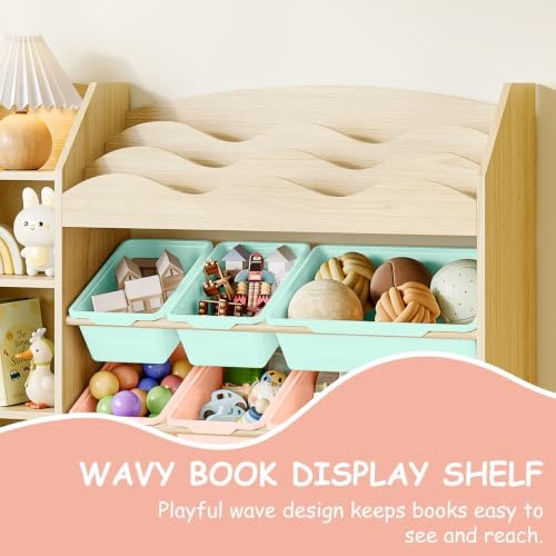 EXPERLAM Kids Toy Organizer, Scalloped Bookshelf, 4 Shelves, 9 Color Bins - Image 4