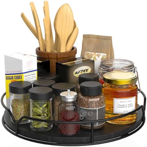 Lazy Susan Turntable Organizer with Anti-Slip Mat for Cabinet Pantry Kitchen Countertop Refrigerator Office, Pine Wood, 13", Black - Image 5