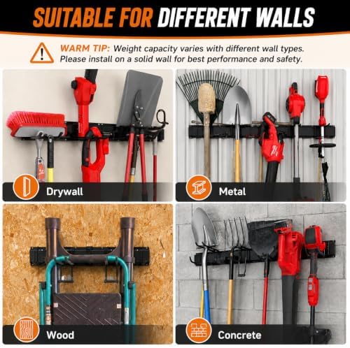 Garage Tool Organizer Wall Mount, Heavy Duty 48 Inch Garage Storage System with Adjustable Hooks, Garden Tool Rack for Shovel Rake Broom Snowboard Shed Organization - Image 6