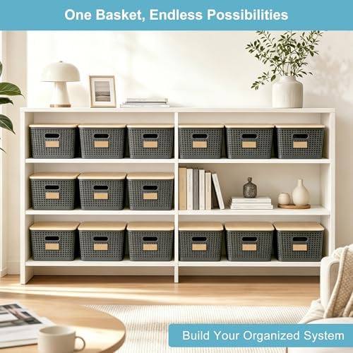 Bagnizer 2 Pack Tall Plastic Storage Bins with Bamboo Lids, 10.8qt Stackable Storages Baskets for Organizing Desktop Closet Playroom Classroom Office, 12"L x 8.3"W x 6.1"H, Gray - Image 7