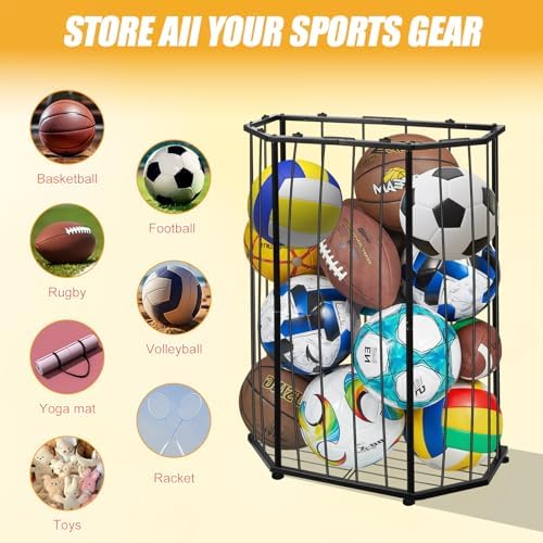 Garage Ball Storage Holder,Elastic Cord Design Can Floor-Standing & Wall-Mounted Use,Used for Basketball,Footbal,Volleyball,Rugby,Home or Outdoors Sports Equipment Storage Ball Rack。(Black) - Image 6