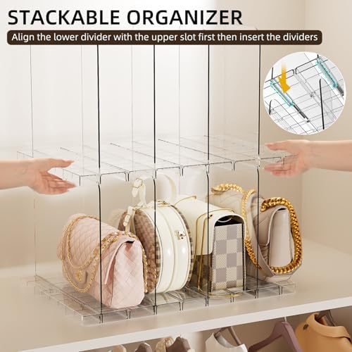 JOYZAN Stackable Purse Organizer for Closet, Adjustable Shelf Dividers for Closet Organizer Clear Acrylic Closet Purse Organizer Detachable Handbag Storage Separator Dividers for Home, Office - 4 Pack - Image 6