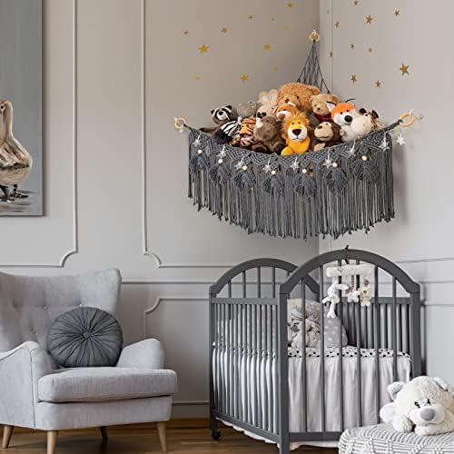 Macrame Stuffed Animal Storage with Star Light, Corner Hammock for Nursery - Image 3