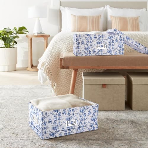 Briful Set of 2 Blue and White Porcelain-Style Storage Boxes with Lids – Elegant Floral Nesting Organizer Bins, 14'' + 13'' Set Decorative Cardboard Gift Boxes for Home or Office Use - Image 4