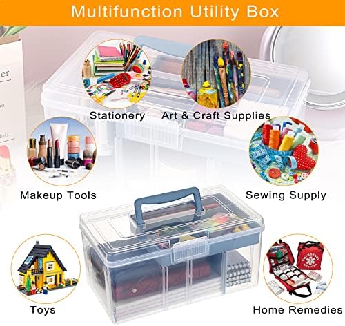 BTSKY 2 Layer Clear Plastic Dividing Storage Box with Removable Tray Multipurpose Stationery Storage Box with Handle Portable Sewing Box Art Craft Supply Organizer Home Utility Box (Big Blue) - Image 6