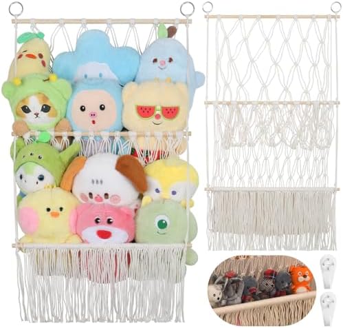 2 Tier Stuffed Animal Storage Net, Large Boho Stuffy Plushies Storage,Beige by iHansee