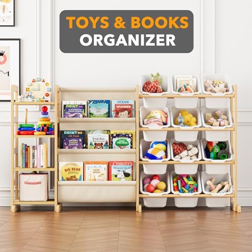 SpaceAid 3-in-1 Toy Storage Organizer with 4 Shelves and 12 Bins, Toy Organizers Storage 3-Tier Bookshelf, Kids Bin Shelf Box Bookcase for Bedroom Playroom Organization Room Decor, White - Image 4