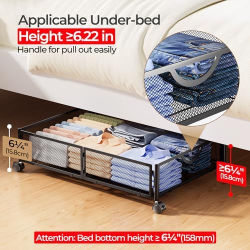 Yecaye Under Bed Storage with Wheels, 4 Pack Under Bed Shoe Storage, Black - Image 4