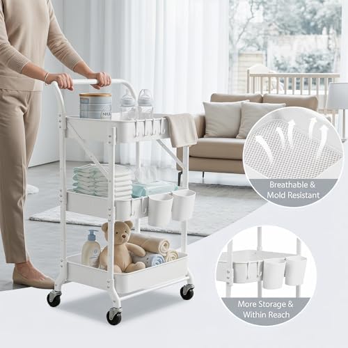 Amatic 3 Tier Folding Rolling Utility Cart with Wheels, Metal Foldable Storage Cart Organizer with 3 Hanging Cups & 6 Hooks for Kitchen, Office, Living Room, Nursery(White) - Image 5