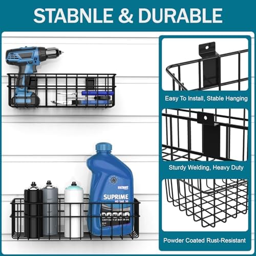 4 Pack Large Size Slatwall Baskets Set, Ventilated Metal Hanging Storage Slat Wall Basket, Mounted Slatwall Accessories for Garage Storage Organizing Display on Slatwall Panels bins (Black) - Image 3