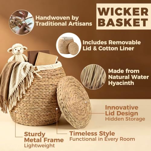 Storage Standard Wicker Basket with Lid Decorative Storage - Large Blanket Basket for Living Room, Plants, Organization, Handwoven Water Hyacinth Material w/Removable Cotton Liner & Tall Round Design - Image 2