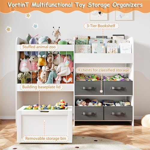 51.1" W Large Toy Storage Organizer with Stuffed Animal Storage, Kids Bookshelf with 4 Removable Toy Bins, Movable Toy Box with Buildable Baseplate Lid for Bricks, Ideal for Kids Room Playroom Bedroom - Image 3