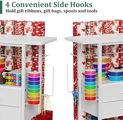 Wrapping Paper Storage Cart with 12 Rolls Wrapping Paper Organizer Holder, Rolling Craft Cart with 2 Fabric Drawer, Gift Wrapping Station with 4 Hooks Storage Ribbons and Gift Bags, Spave Saving - Image 5