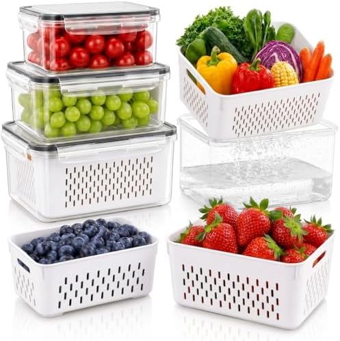 Fruit Storage Containers for Fridge with Lids, Fridge Organizers and Storage Produce Saver Box with Removable Drain Basket for Fruit Berry Salad Vegetable Meat, 380ml to 3150ml (4 Pack) by Unknown