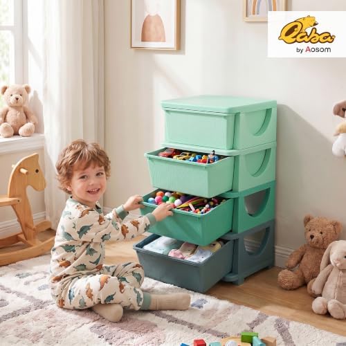 Qaba 4 Drawers Kids Storage Unit 4 Tier Toy Organizers Green - Image 2
