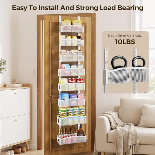 Delamu 8 Tier Over the Door Pantry Organizer, 2in1 Hanging or Wall Mount Spice Rack Seasoning, Adjustable Heavy-Duty Narrow Pantry Door Organizer and Storage for Kitchen Cabinet and Bathroom,12" White - Image 5