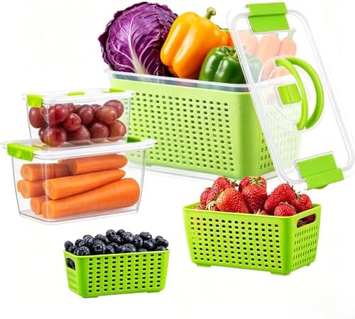LUXEAR Produce containers for fridge,3 Set Fruit Containers with Removable Colander, BPA-Free Produce Saver Containers with Lids Dishwasher&Microwave Safe Keep Fruits, Vegetables, Berry, Fresh Longer by Luxear