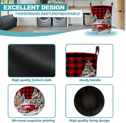 Christmas Red Truck Collapsible Laundry Hamper,Winter Deer Waterproof Oxford Cloth Clothes Basket with Handles for Bathroom Bedroom Nursery Dorm Room,16" x 20" - Image 6