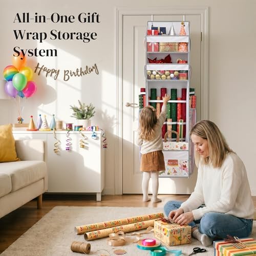 Wrapping Paper Storage Organizer – Over The Door Hanging Gift Wrap Holder for 15-30" Rolls, Space Saving Closet Organizer for Christmas, Halloween, Birthday with Side Mesh Pockets White - Image 6