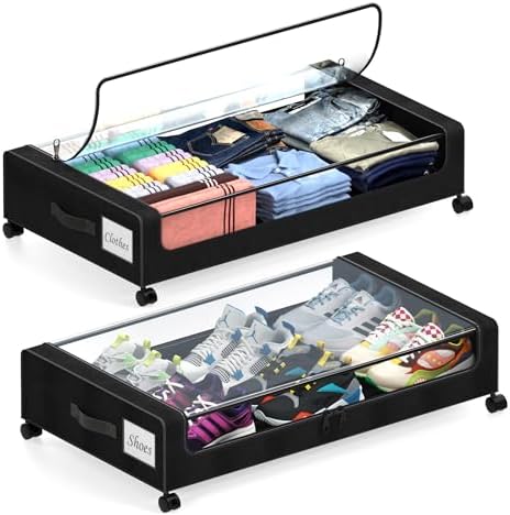Under Bed Storage with Wheels, 2 Pack Under Bed Storage Containers with Clear Lids, XXL 65L Under Bed Storage Organizer, Rolling Under Bed Metal Drawer for Blanket, Clothes, Shoes (31 x 17 x 6.69 in) by Unknown