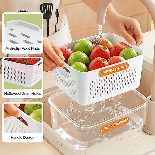5-Pack Fruit Storage Containers for Fridge with Removable Colanders, 4 in 1 Produce Storage Containers with Lids, Leakproof Fridge Organizer Bins for Salad Berry Lettuce Vegetables Meat Keeper Fresh - Image 2