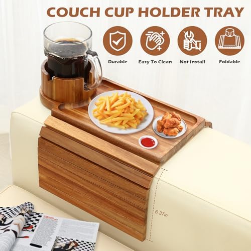 GHKINMAL Couch Cup Holder Tray,Sofa Arm Tray, Fits 6.3"+Wide,Acacia Wood - Image 2