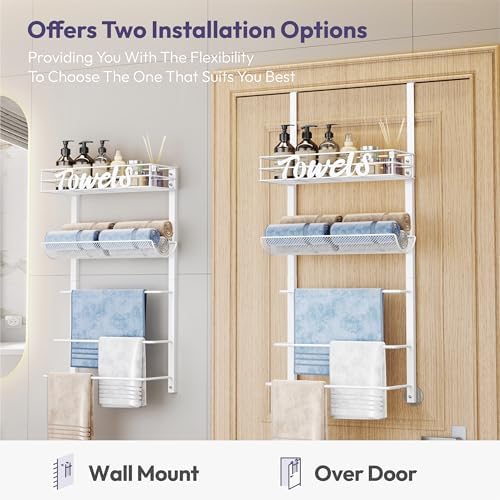 SWTYMIKI Over the Door Towel Racks for Bathroom - 5-Tier Wall Mounted Bathroom Towel Storage Organizer Holder with Metal Shelf, White - Image 2