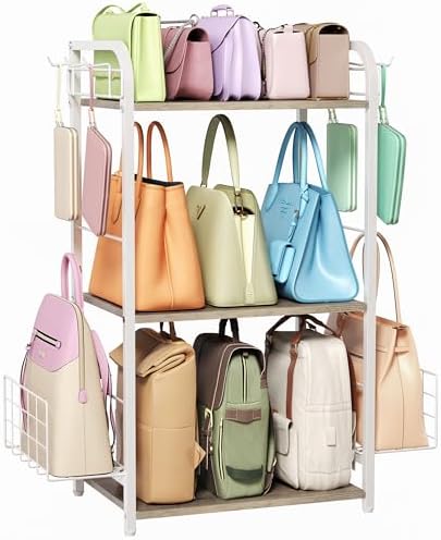 White Purse Organizer, 3-Tier Floor Standing Bag Rack Stand Featuring Side Hooks and Baskets, Adjustable Feets, High Capacity Metal & Wood Handbag Holder Design for Closet Storage, Patent Pending by HOOBRO