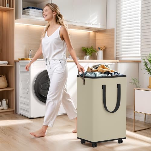 SpaceTrove Rolling Laundry Basket with Wheels, Laundry Hamper, 80L, Beige - Image 5
