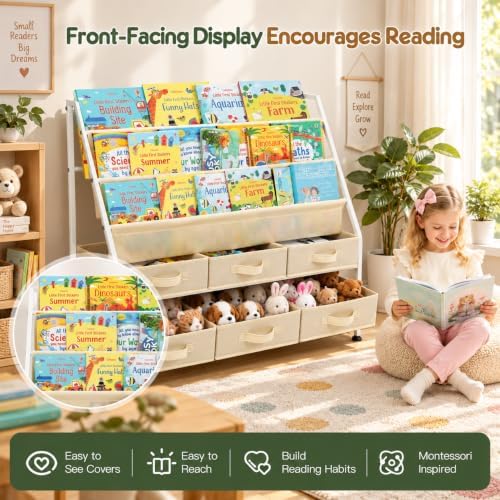36" Extra Wide Kids Bookshelf and Toy Storage Organizer, 3-Tier Front Facing Book Shelf with 6 Large Removable Storage Bins, Toddler Bookshelf for Nursery, Playroom, Bedroom, Montessori Reading Corner - Image 5