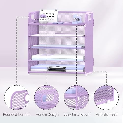 Supeasy 5 Trays Paper Organizer Letter Tray with Handle-Mesh Desk File Holders, Paper Sorter Desk Organizer for Office, Home, Classeoom or School, Purple - Image 3