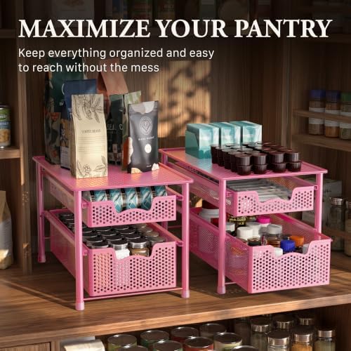 Simple Houseware Stackable 2 Tier Sliding Basket Organizer Drawer, Pink - Image 7