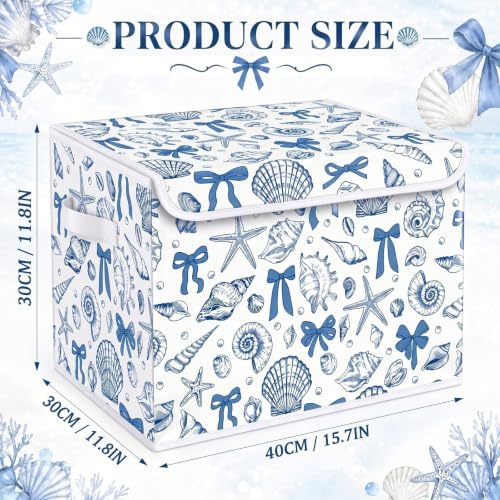Briwooody Beach Storage Bin with Lid and Carrying Handle Coastal Blue Bow Seashell Foldable Storage Box Summer Bachelorette Party Decorative Collapsible Container Basket for Closet Home Bedroom Gift - Image 3