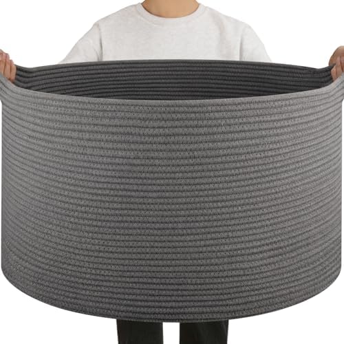 OIAHOMY 90L Extra Large Blanket Basket - Decorative Cotton Rope Storage Basket for Bedroom, Living Room & Nursery - Woven Laundry Hamper for Organizing Blankets, Clothes & Toys - Grey by MasterofSpaceOptimization