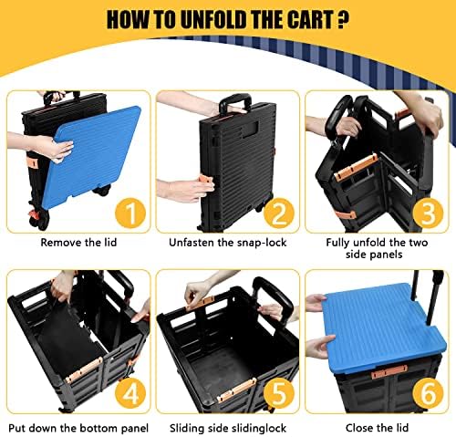 Foldable Utility Cart Collapsible Crate Rolling Carts Handcart Trolley Tool Box Basket 4 360°Noiseless Wheels Lid Telescoping Handle for Shop Grocery Luggage Move Office School Teacher (Blue) - Image 6