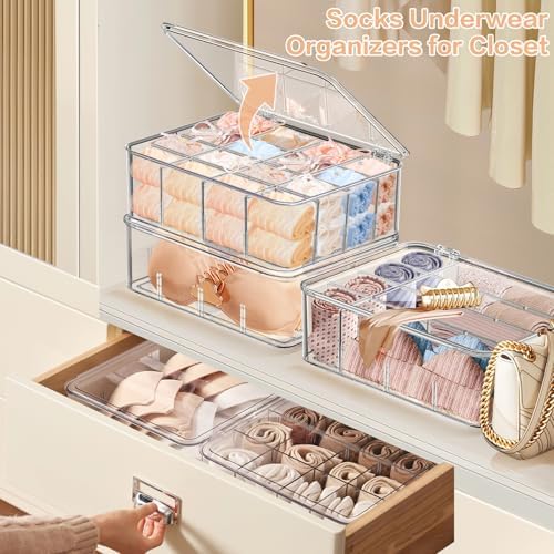 Sock Underwear Organizer, 16 Compartment Adjustable Dividers Tie Socks Underwear Drawer Organizers for Closet, Clear Plastic Storage Containers Box with Lids for Ties Scarf Socks Bras - Image 4