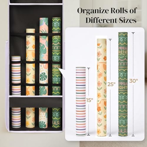 Ordovibe Wrapping Paper Storage Organizer, Over The Door Gift Wrap Holder with Removable Drawer & Side Mesh Pockets – Space Saving Closet Organizer for Christmas, Halloween, Birthday Rolls Supplies Black - Image 5