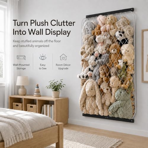 Stuffed Animal Storage Net, Elastic Stuffed Toy Holder,Door/Wall Mount Length Adjustable Hanging Soft Toy Organizer, Plushie Net for Nursery Play Room-Black Boards - Image 2