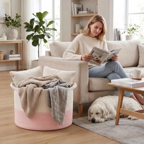 90L Extra Large Pink Woven Cotton Rope Basket with Handles - Image 4