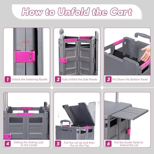 Foldable Utility Cart Rolling Crate Handcart Shopping Cart with Rotate Wheels Extended Magnetic Lid Telescoping Handle Adjustable Angle for Transports Groceries Office Teacher File(Gray) - Image 5