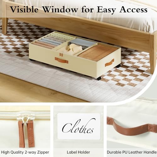 Yecaye Under Bed Storage with Wheels, 4 Pack Under Bed Storage Containers with Adjustable Dividers & Clear Window, Rolling Underbed Organizer Bins Drawers for Clothes, Shoes, Blankets, Beige - Image 6