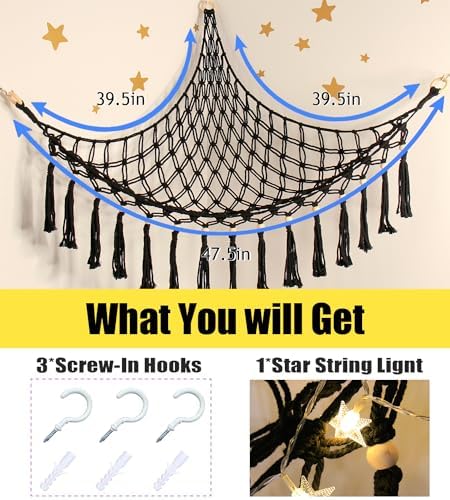 Stuffed Animal Hammock Corner Storage - Toy Hammock Net Organizer with LED Light - Tedddy Hammocks Plushie Net Holder - Black Wall Decor for Boy Living Room Bedroom - Image 5