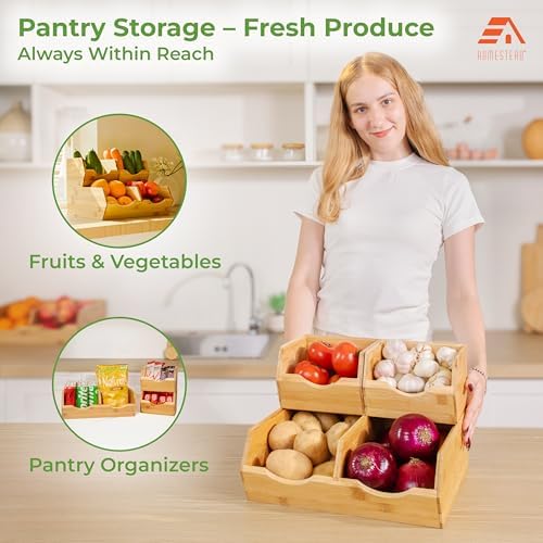 HOMESTEAD Bamboo Pantry Storage Bins – Stackable Potato & Onion Storage Bin for Kitchen Countertop, Pantry Organizer, Fruit Vegetable Basket, Multiuse - Set of 3 Slide-Out Access - Image 4